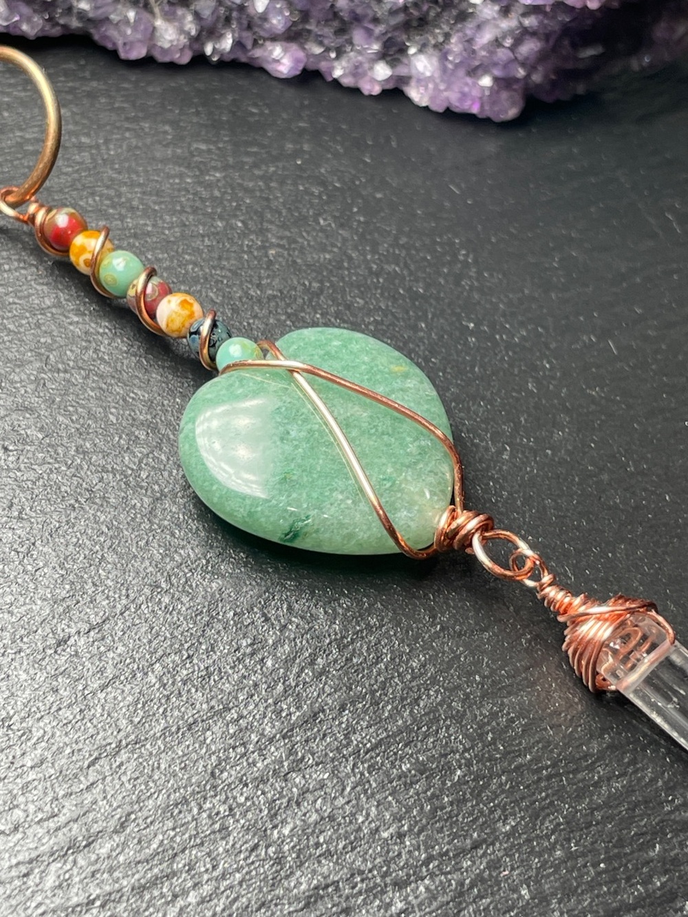 Handmade Aventurine Heart Keychain with Clear Quartz Point - Picture 4 of 10